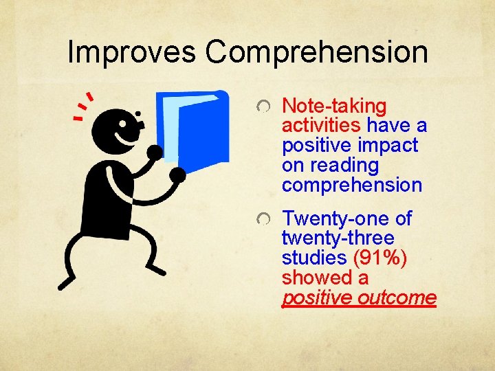Improves Comprehension Note-taking activities have a positive impact on reading comprehension Twenty-one of twenty-three