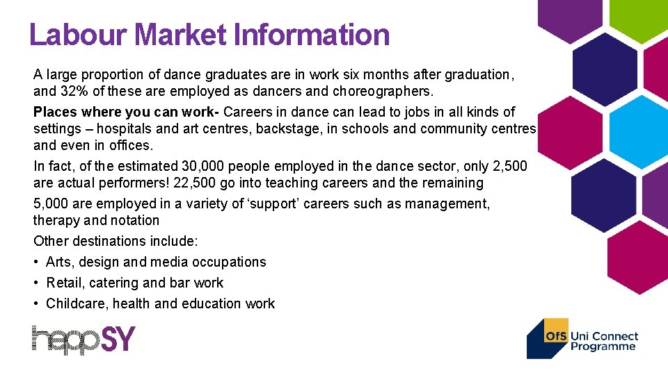 Labour Market Information A large proportion of dance graduates are in work six months