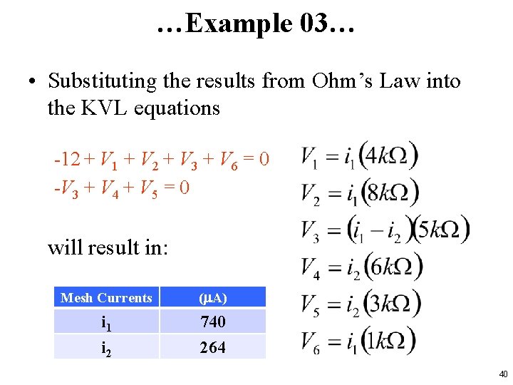 …Example 03… • Substituting the results from Ohm’s Law into the KVL equations -12