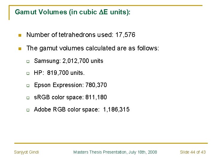 Gamut Volumes (in cubic DE units): n Number of tetrahedrons used: 17, 576 n