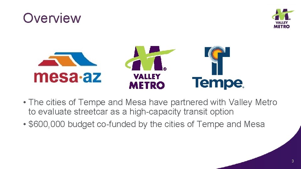 Overview • The cities of Tempe and Mesa have partnered with Valley Metro to