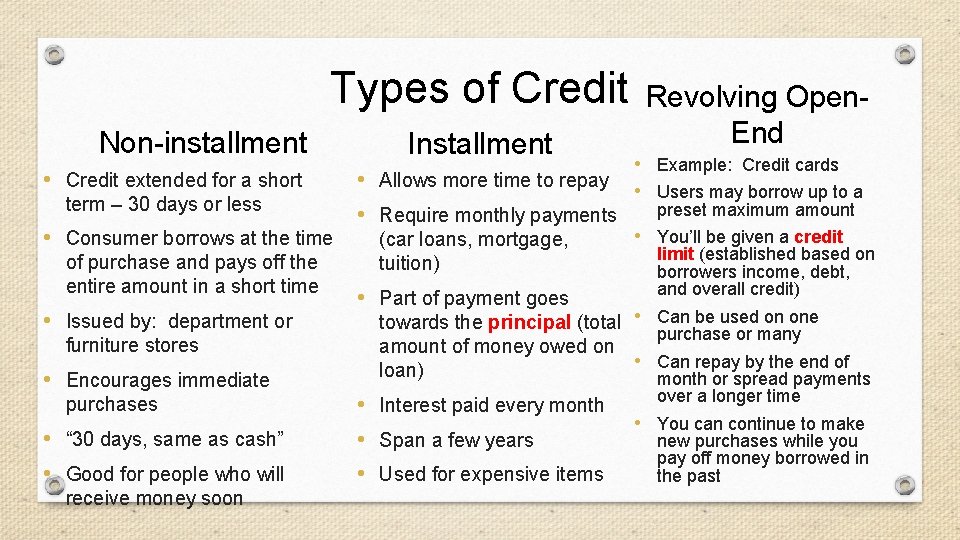 Types of Credit Non-installment • Credit extended for a short term – 30 days