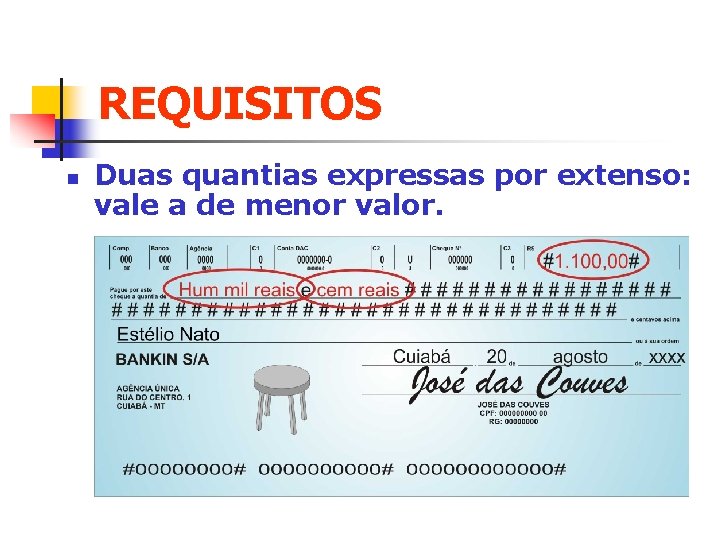REQUISITOS n Duas quantias expressas por extenso: vale a de menor valor. 