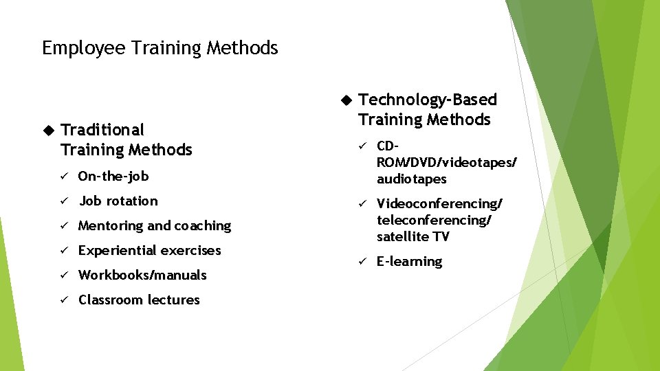 Employee Training Methods Traditional Training Methods ü On-the-job ü Job rotation ü Mentoring and
