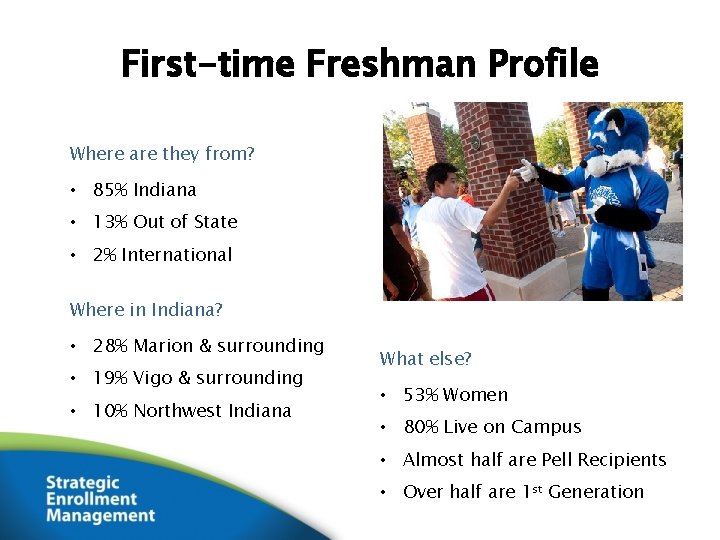First-time Freshman Profile Where are they from? • 85% Indiana • 13% Out of