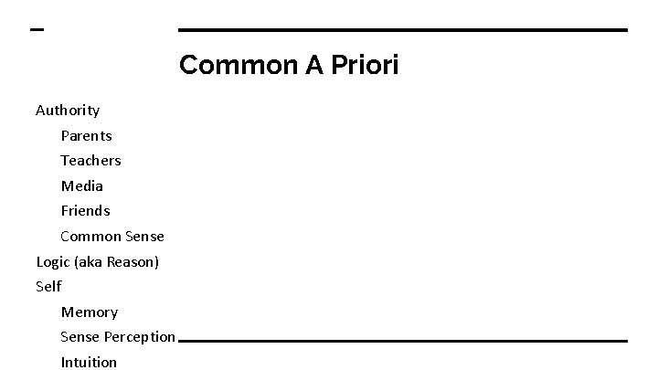 Common A Priori Authority Parents Teachers Media Friends Common Sense Logic (aka Reason) Self