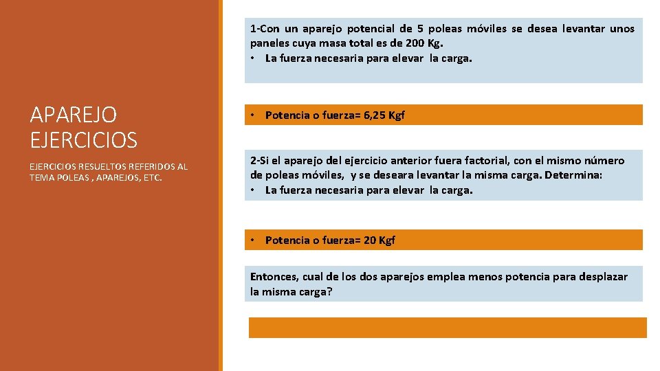 1 -Con un aparejo potencial de 5 poleas móviles se desea levantar unos paneles