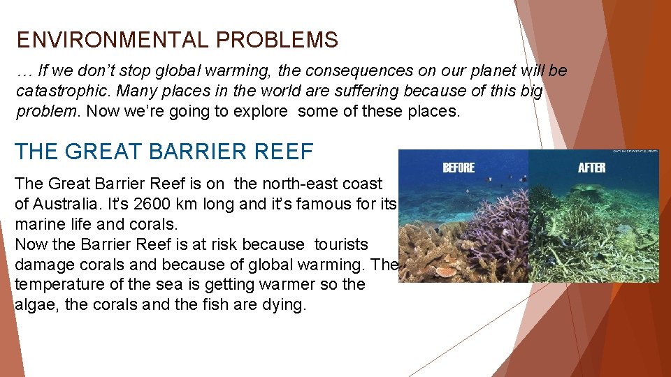 ENVIRONMENTAL PROBLEMS … If we don’t stop global warming, the consequences on our planet