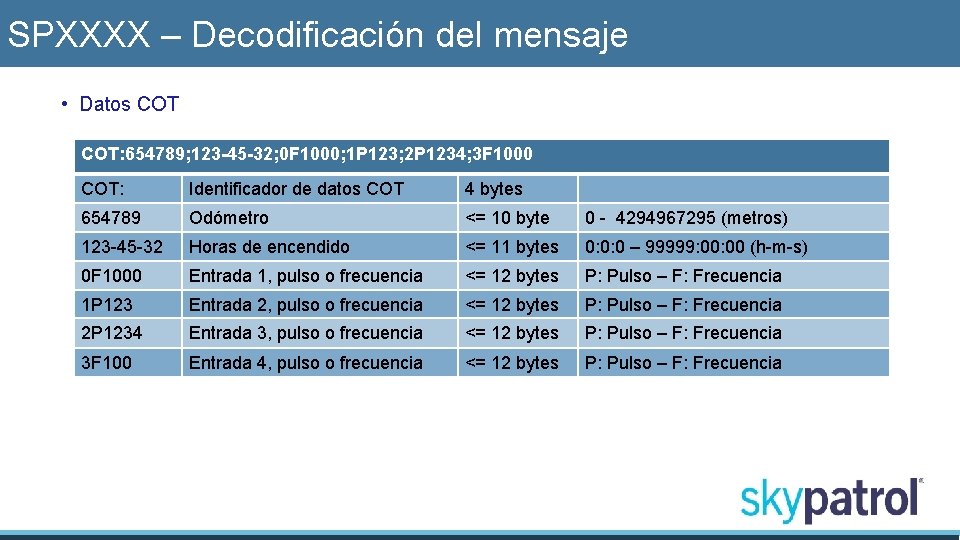 SPXXXX – Decodificación del mensaje • Datos COT: 654789; 123 -45 -32; 0 F
