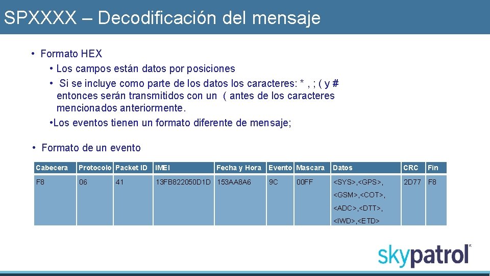 SPXXXX – Decodificación del mensaje • Formato HEX • Los campos están datos por