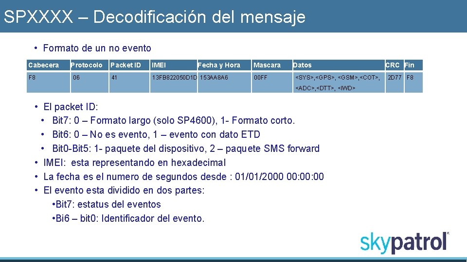 SPXXXX – Decodificación del mensaje • Formato de un no evento Cabecera F 8