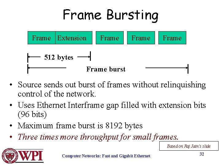 Frame Bursting Frame Extension Frame 512 bytes Frame burst • Source sends out burst