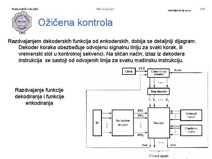 Matematički fakultet Mikroračunari vladaf@matf. bg. ac. yu Ožičena kontrola Razdvajanjem dekoderskih funkcija od enkoderskih,