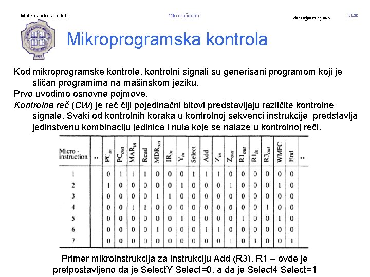 Matematički fakultet Mikroračunari vladaf@matf. bg. ac. yu 21/38 Mikroprogramska kontrola Kod mikroprogramske kontrole, kontrolni