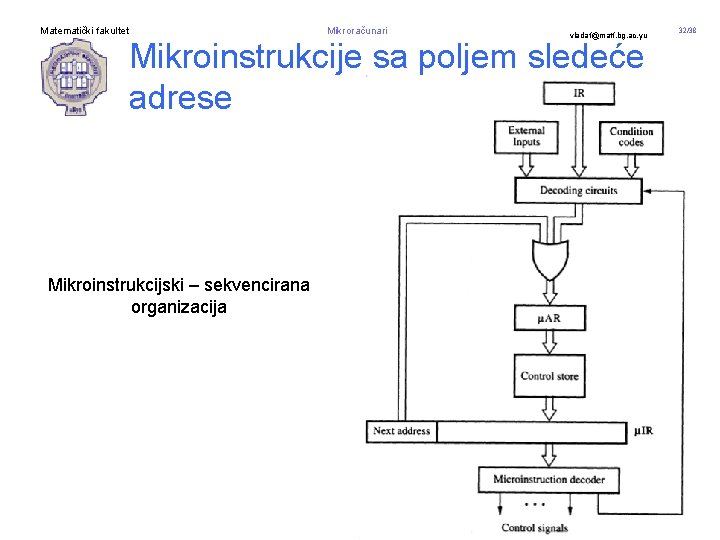 Matematički fakultet Mikroračunari vladaf@matf. bg. ac. yu Mikroinstrukcije sa poljem sledeće adrese Mikroinstrukcijski –