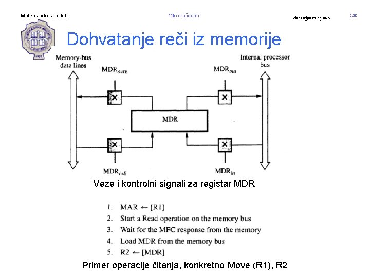 Matematički fakultet Mikroračunari Dohvatanje reči iz memorije Veze i kontrolni signali za registar MDR