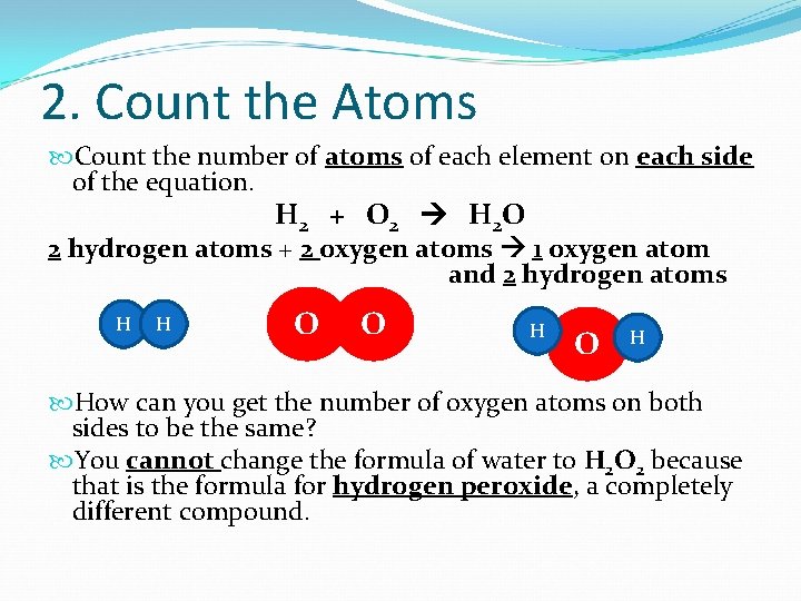 2. Count the Atoms Count the number of atoms of each element on each 2. Count the Atoms Count the number of atoms of each element on each