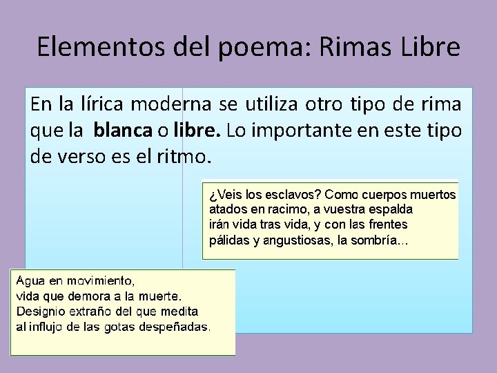 Elementos del poema: Rimas Libre En la lírica moderna se utiliza otro tipo de