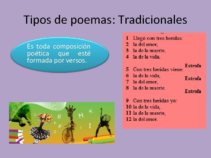 Tipos de poemas: Tradicionales Es toda composición poética que esté formada por versos. 