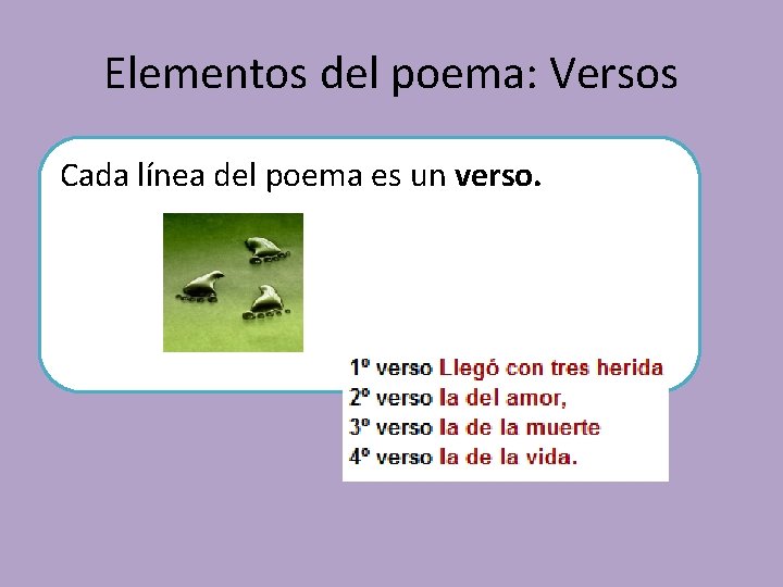 Elementos del poema: Versos Cada línea del poema es un verso. 
