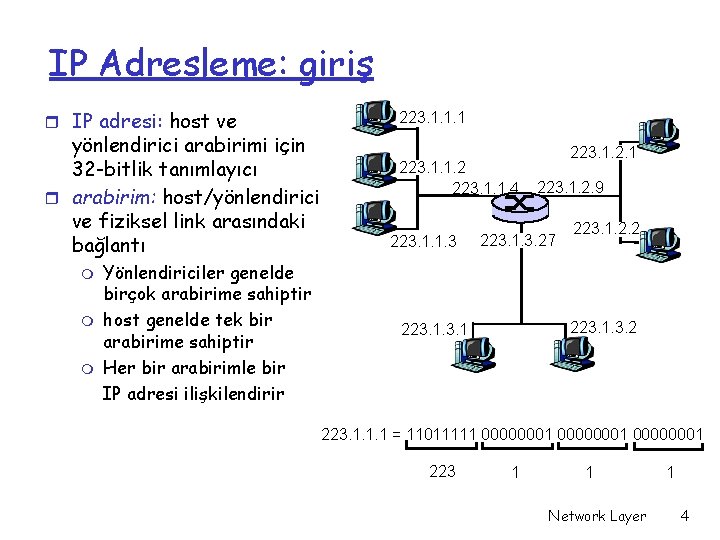 IP Adresleme: giriş r IP adresi: host ve yönlendirici arabirimi için 32 -bitlik tanımlayıcı