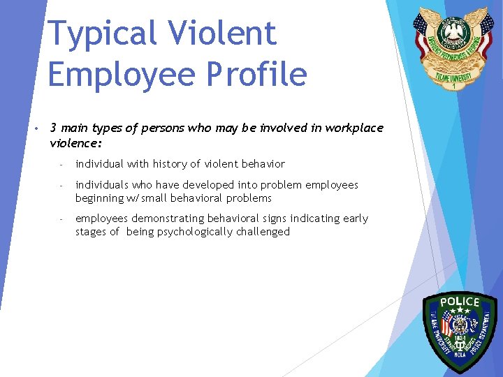 Typical Violent Employee Profile • 3 main types of persons who may be involved