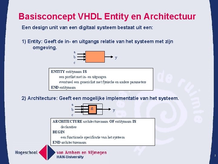 Basisconcept VHDL Entity en Architectuur Een design unit van een digitaal systeem bestaat uit