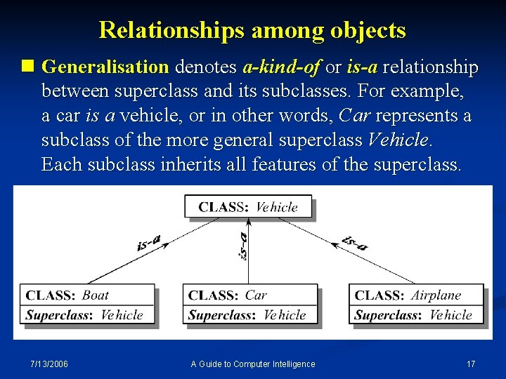 Relationships among objects n Generalisation denotes a-kind-of or is-a relationship between superclass and its