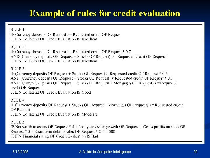 Example of rules for credit evaluation 7/13/2006 A Guide to Computer Intelligence 39 