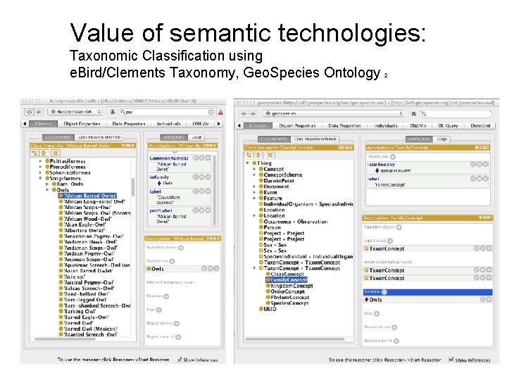 Value of semantic technologies: Taxonomic Classification using e. Bird/Clements Taxonomy, Geo. Species Ontology 2