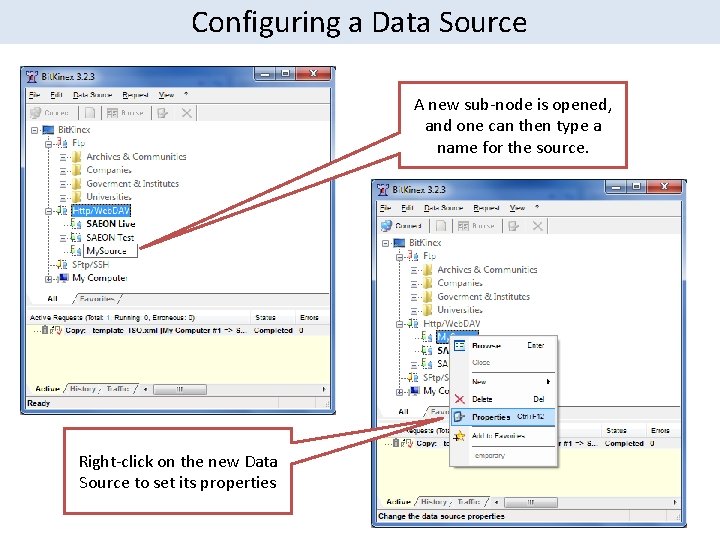 Configuring a Data Source A new sub-node is opened, and one can then type