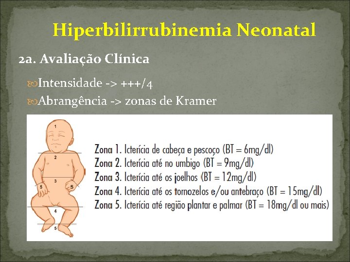 Hiperbilirrubinemia Neonatal 2 a. Avaliação Clínica Intensidade -> +++/4 Abrangência -> zonas de