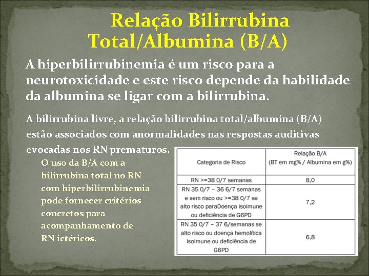  Relação Bilirrubina Total/Albumina (B/A) A hiperbilirrubinemia é um risco para a neurotoxicidade e