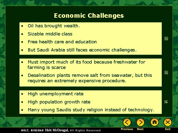 Economic Challenges • Oil has brought wealth. • Sizable middle class • Free health