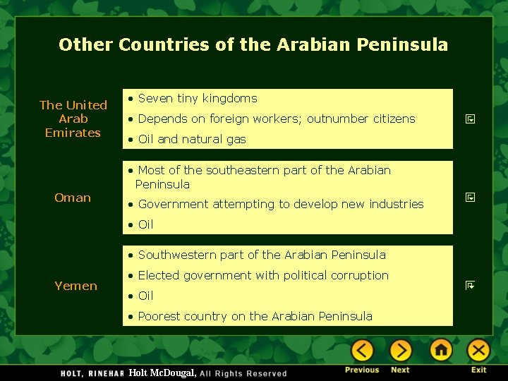 Other Countries of the Arabian Peninsula The United Arab Emirates Oman • Seven tiny