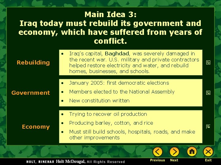 Main Idea 3: Iraq today must rebuild its government and economy, which have suffered