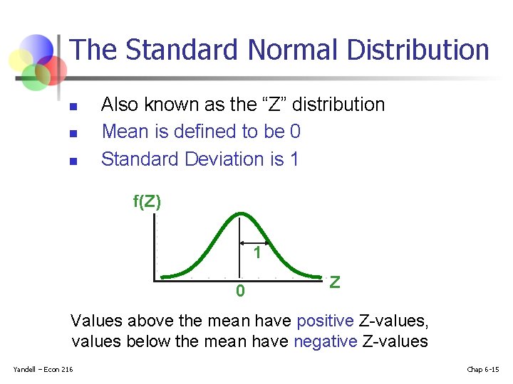 The Standard Normal Distribution n Also known as the “Z” distribution Mean is defined The Standard Normal Distribution n Also known as the “Z” distribution Mean is defined