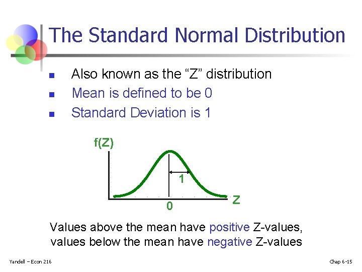 The Standard Normal Distribution n Also known as the “Z” distribution Mean is defined