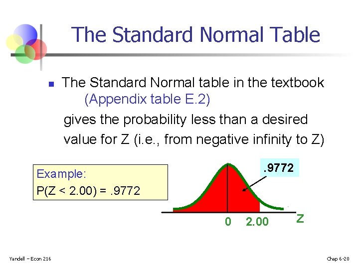 The Standard Normal Table n The Standard Normal table in the textbook (Appendix table