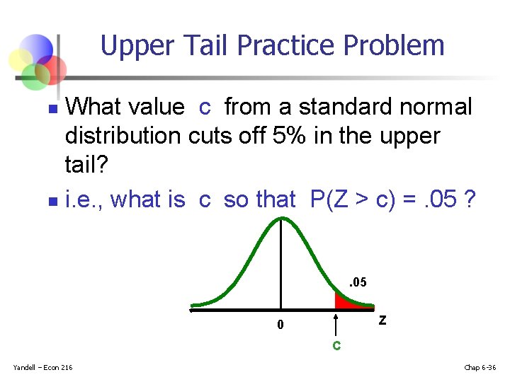 Upper Tail Practice Problem What value c from a standard normal distribution cuts off