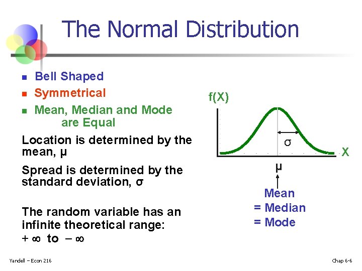 The Normal Distribution ‘Bell Shaped’ n Symmetrical n Mean, Median and Mode are Equal The Normal Distribution ‘Bell Shaped’ n Symmetrical n Mean, Median and Mode are Equal