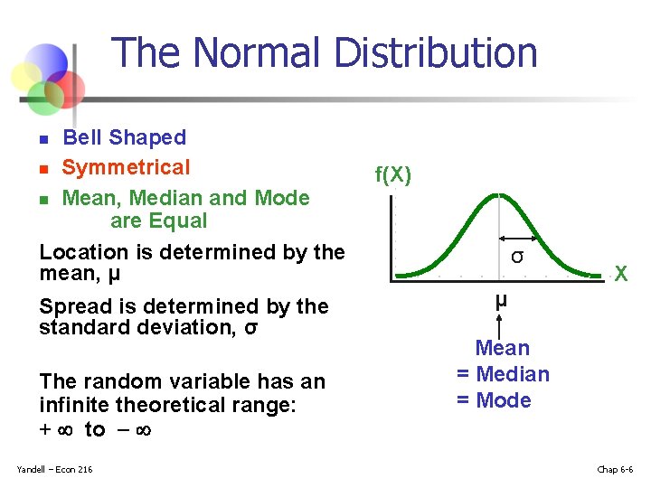 The Normal Distribution ‘Bell Shaped’ n Symmetrical n Mean, Median and Mode are Equal