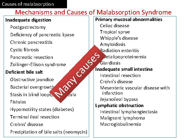 Causes of malabsorption Mechanisms and Causes of Malabsorption Syndrome Primary mucosal abnormalities Celiac disease