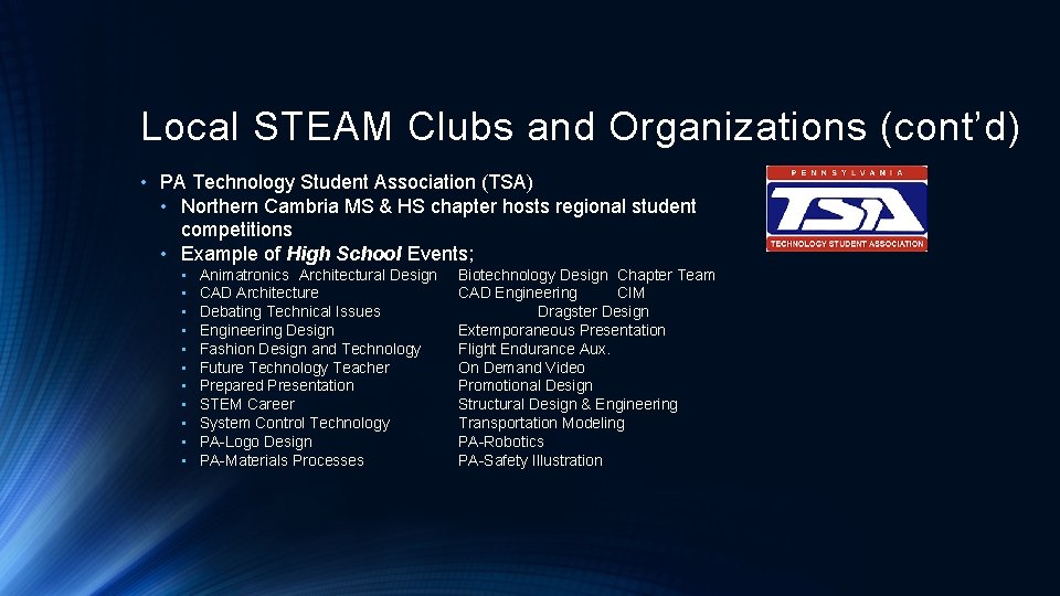 Local STEAM Clubs and Organizations (cont’d) • PA Technology Student Association (TSA) • Northern