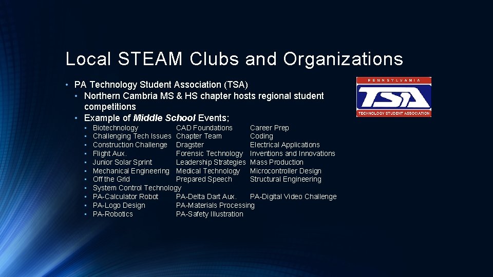 Local STEAM Clubs and Organizations • PA Technology Student Association (TSA) • Northern Cambria