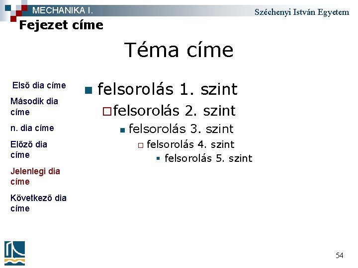 MECHANIKA I. Széchenyi István Egyetem Fejezet címe Téma címe Első dia címe Második dia