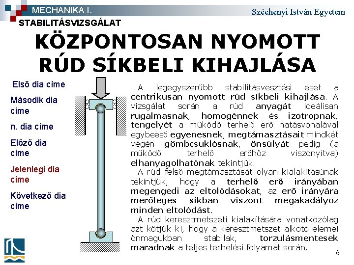 MECHANIKA I. STABILITÁSVIZSGÁLAT Széchenyi István Egyetem KÖZPONTOSAN NYOMOTT RÚD SÍKBELI KIHAJLÁSA Első dia címe