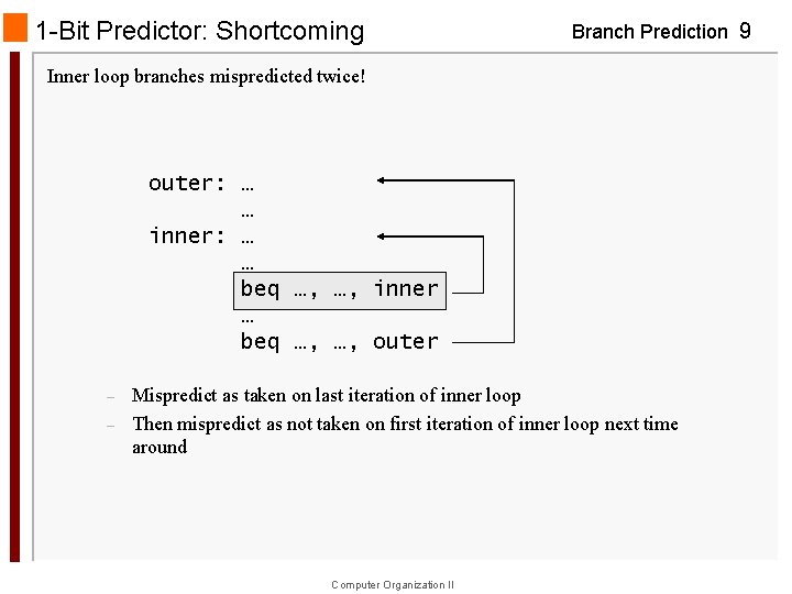1 -Bit Predictor: Shortcoming Branch Prediction 9 Inner loop branches mispredicted twice! outer: …