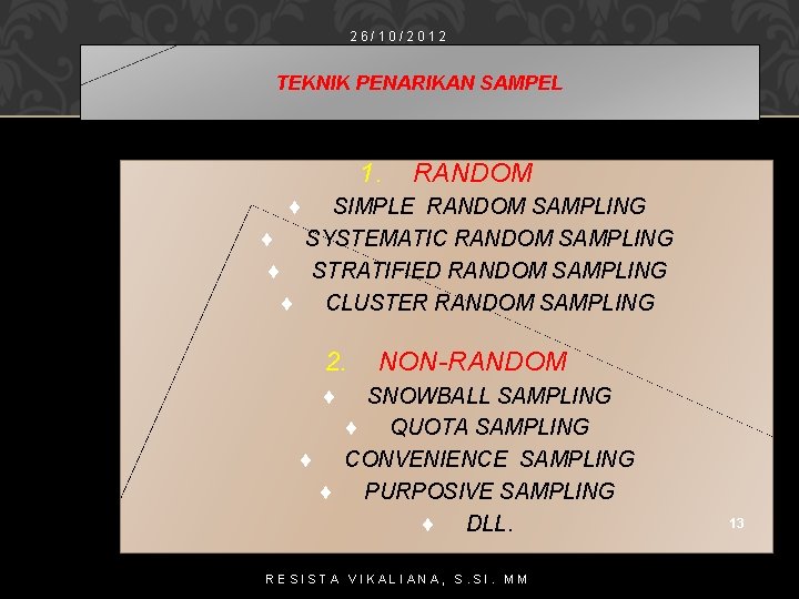 26/10/2012 TEKNIK PENARIKAN SAMPEL 1. RANDOM ¨ SIMPLE RANDOM SAMPLING ¨ SYSTEMATIC RANDOM SAMPLING