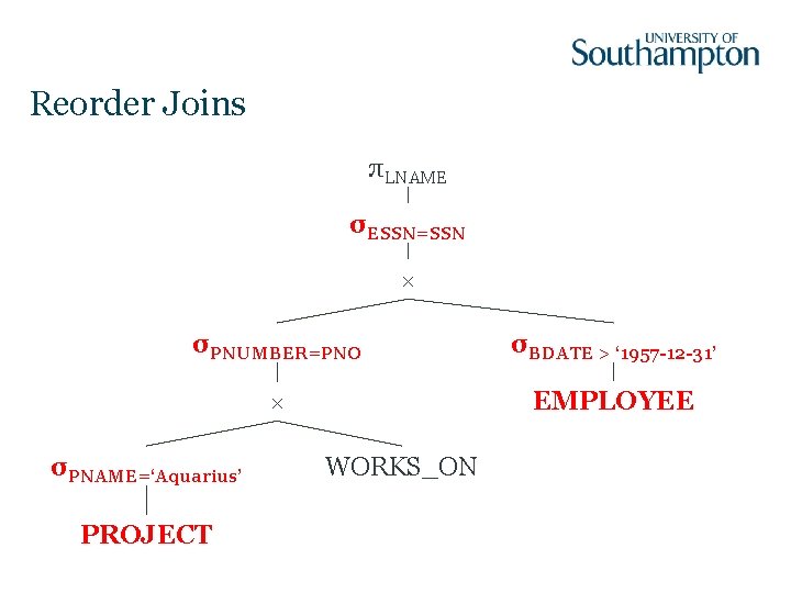 Reorder Joins πLNAME σESSN=SSN × σPNUMBER=PNO σBDATE > ‘ 1957 -12 -31’ × EMPLOYEE